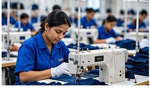 Apparel production floor with stitching machines