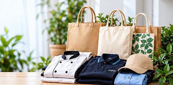 Jute and canvas tote bags with chef coat, navy polo shirts and a branded cap manufactured by EON Exports