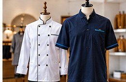 White chef coat and navy hospitality uniform on mannequins