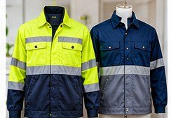 High-visibility industrial jacket and navy work uniform with reflective tape