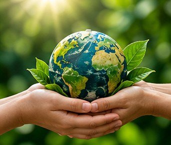 Hands holding a globe with green foliage, representing sustainable retail