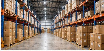 Organised warehouse with packed export cartons